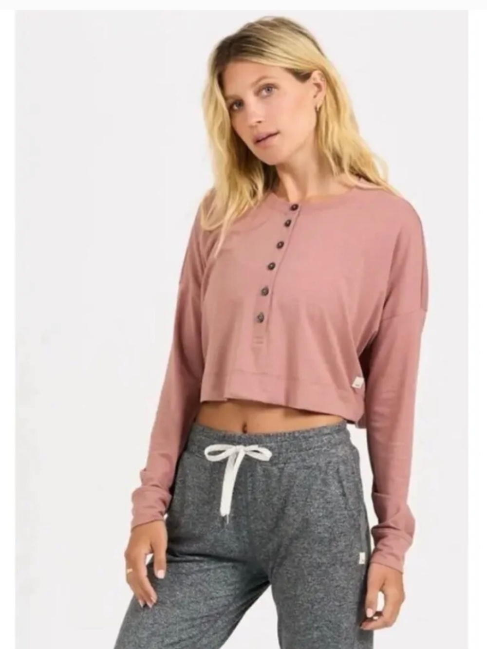 NWT Vuori Avalon Dusty Rose Terracotta Long-Sleeve Crop Henley Top